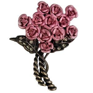 Avon Vintage Pink Rose Green Rhinestone Bouquet Brooch, Signed K521